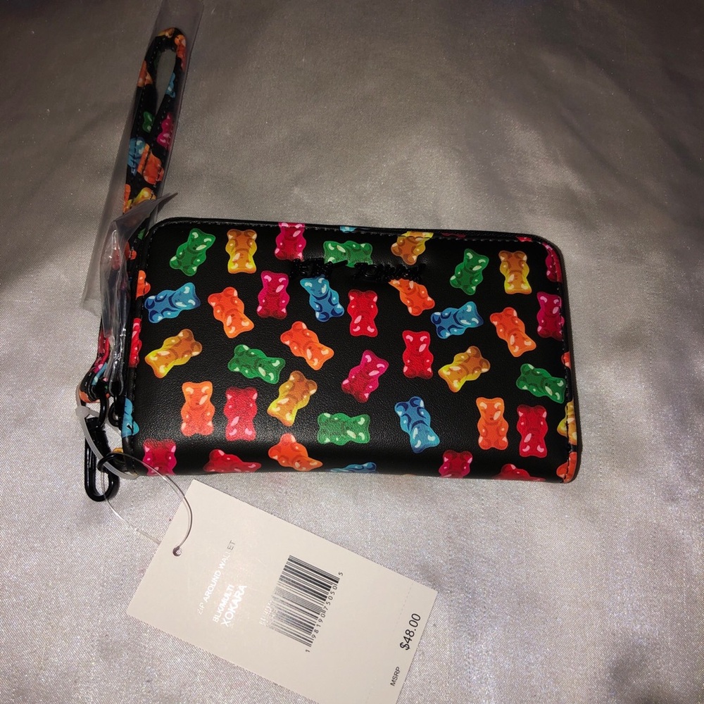 Betsey Johnson Black Multi Color Faux Leather ZA Wallet Gummy Bear Print NWT
